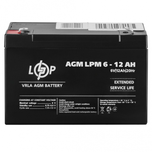 AGM акумулятор LogicPower 6V 12Ah LPM 6-12 - 2